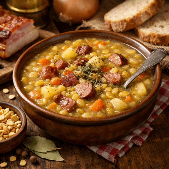 Zupa grochowa w rustykalnym klimacie