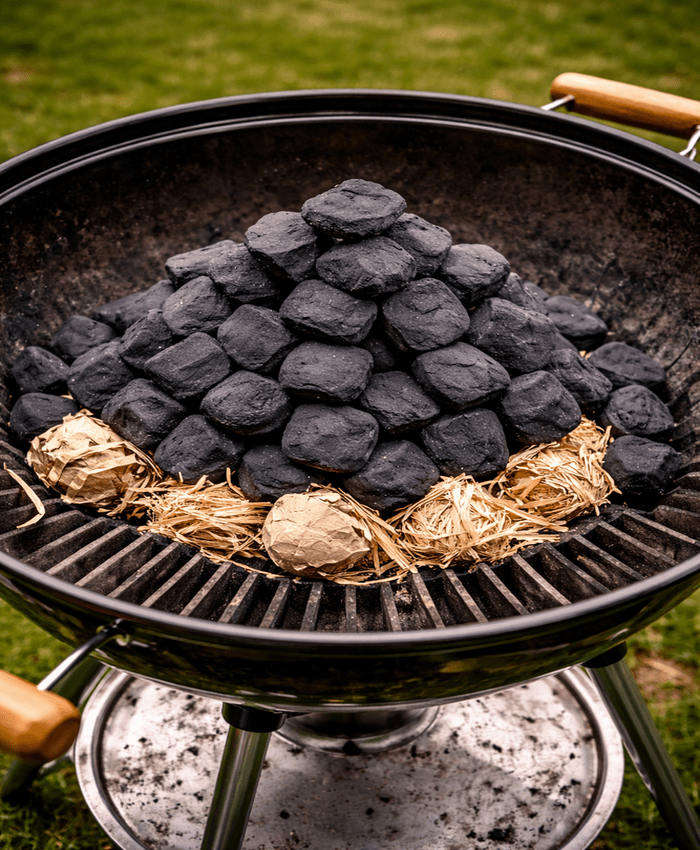 Klasyczny układ węgla w grillu – piramida z podpałką na dole.