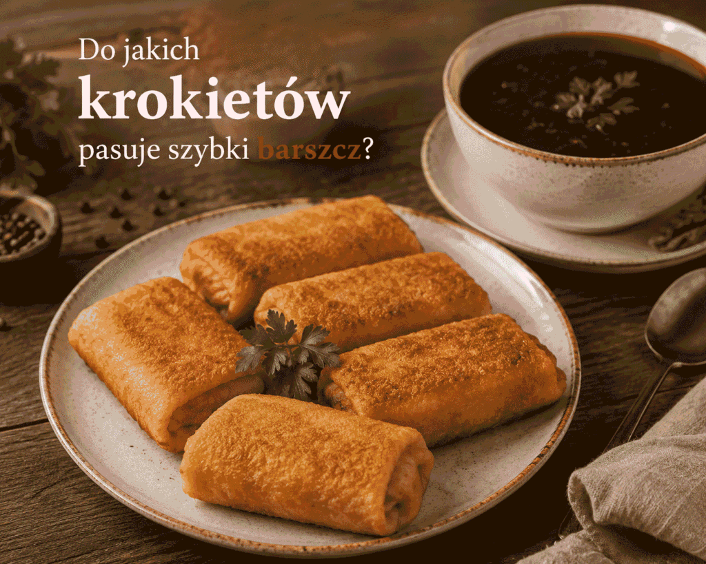 Krokiety z czerwonym barszczem na stole.