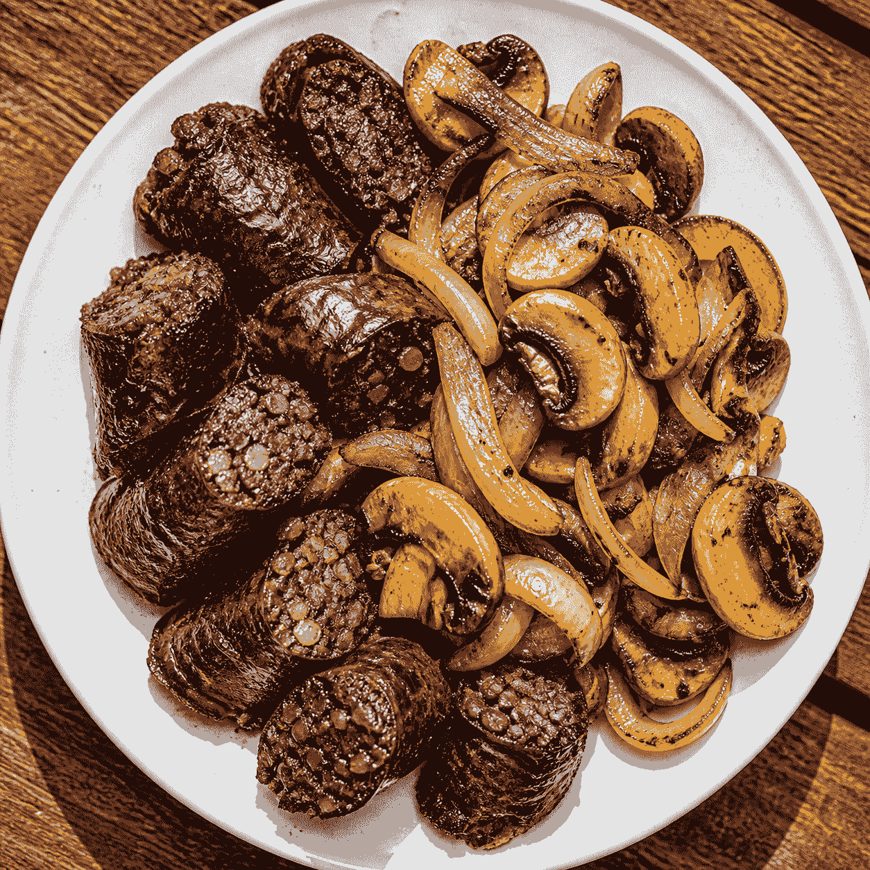 kaszanka po grillowaniu z cebulą Kaszanka grillowana z pieczarkami i cebulą
